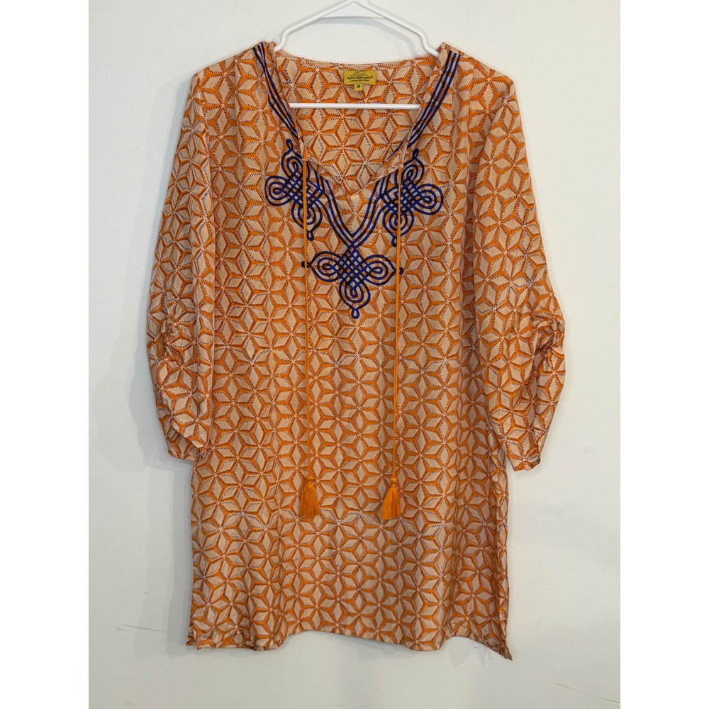 Roberta Roller Rabbit 100% Silk Tunic Blouse Size M Orange Geometric EUC